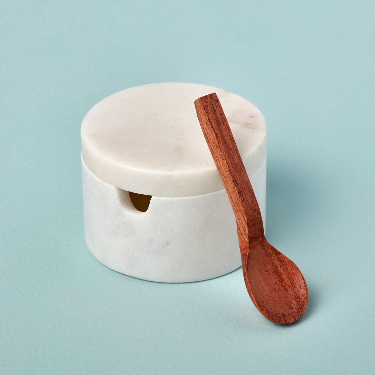 White Marble Lidded Cellar with Wood Spoon